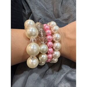 6-Pearl and Pink Bead Stretch Bracelet Set